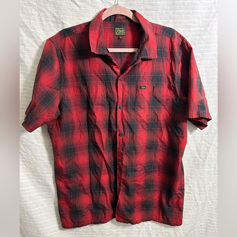 Obey Red and Black Plaid Short Sleeve Button-Down Shirt